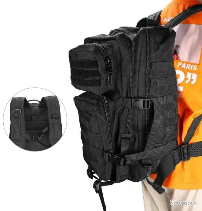 Sac à Dos Militaire Tactique 40L Multifonction Randonnée Chasse Pêche Camping Trekking Escalade Noir – Image 7